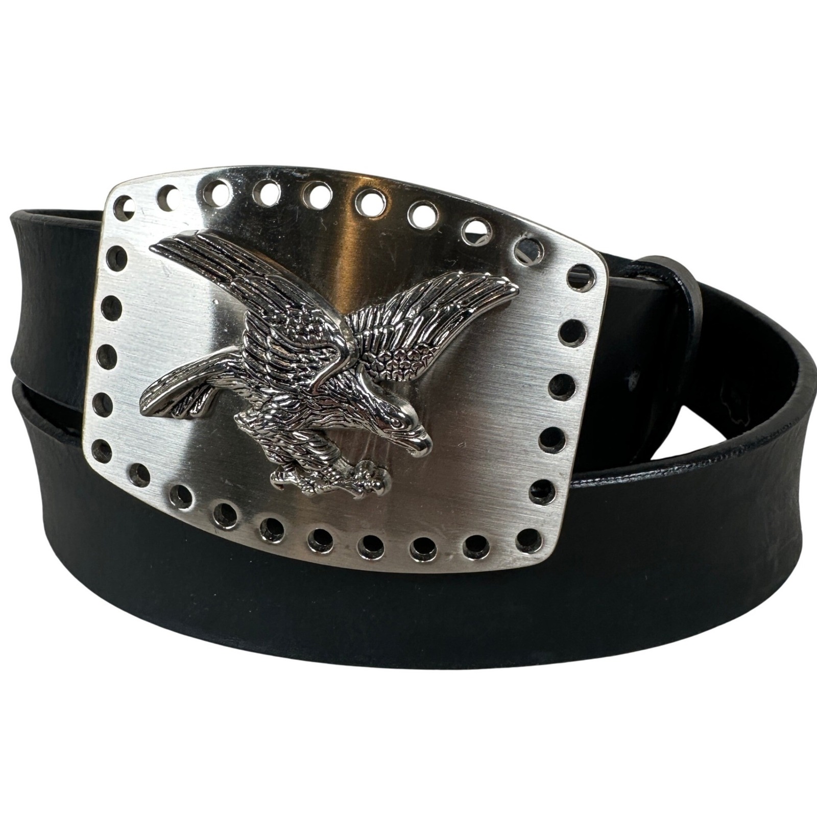 Leather Black Belt Xl 40-42 Silver Eagle Buckle Western Americana Biker
